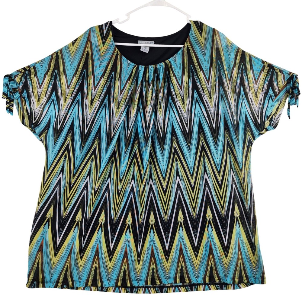 Catherines Chevron Mesh Tie Sleeve Scoop Neck Blouse Top Womens 1X Blue Green